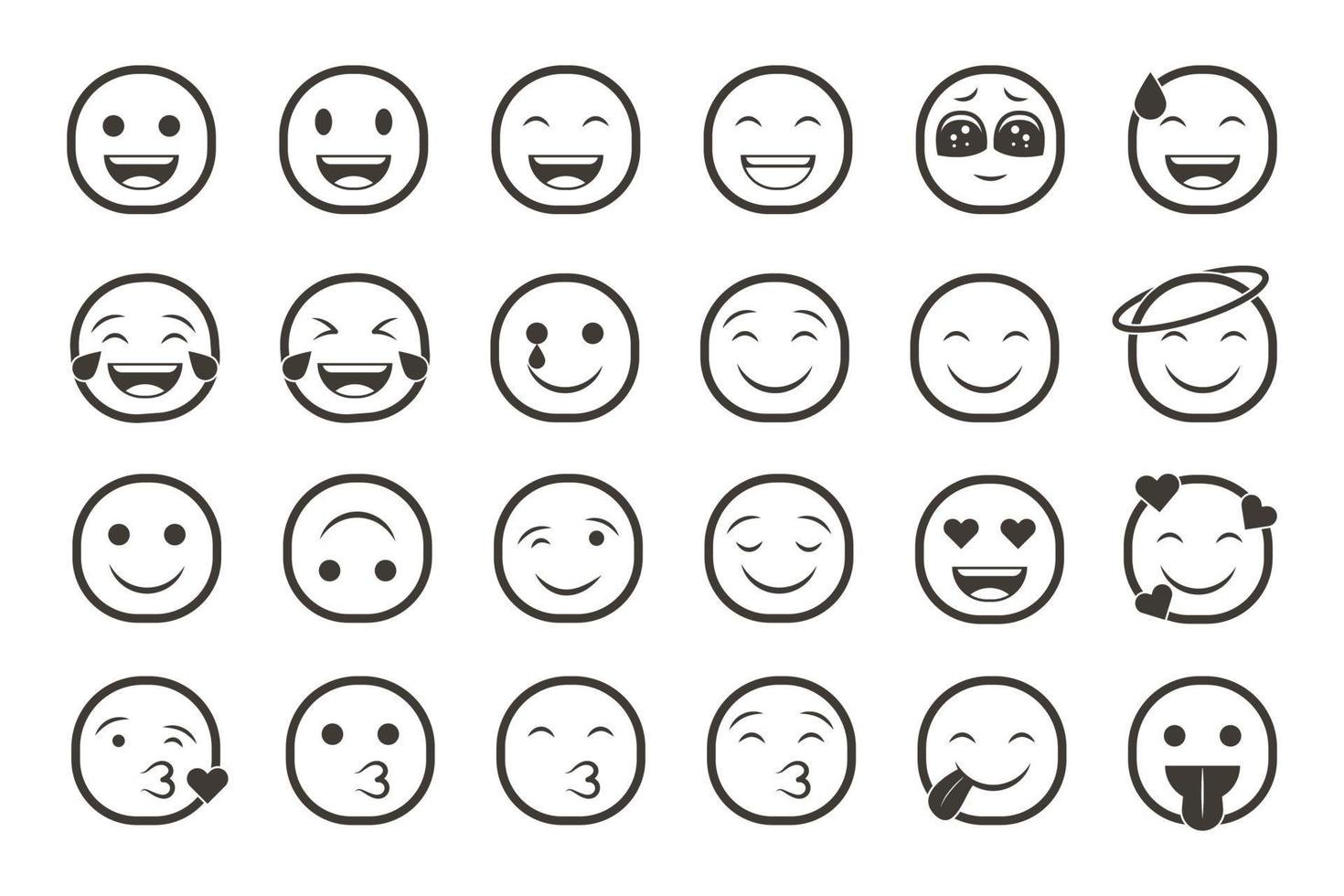 Reihe von Emoticon-Smiley-Symbolen. Cartoon-Emoji-Set mit Lächeln, traurigen, glücklichen und flachen Emotionen vektor