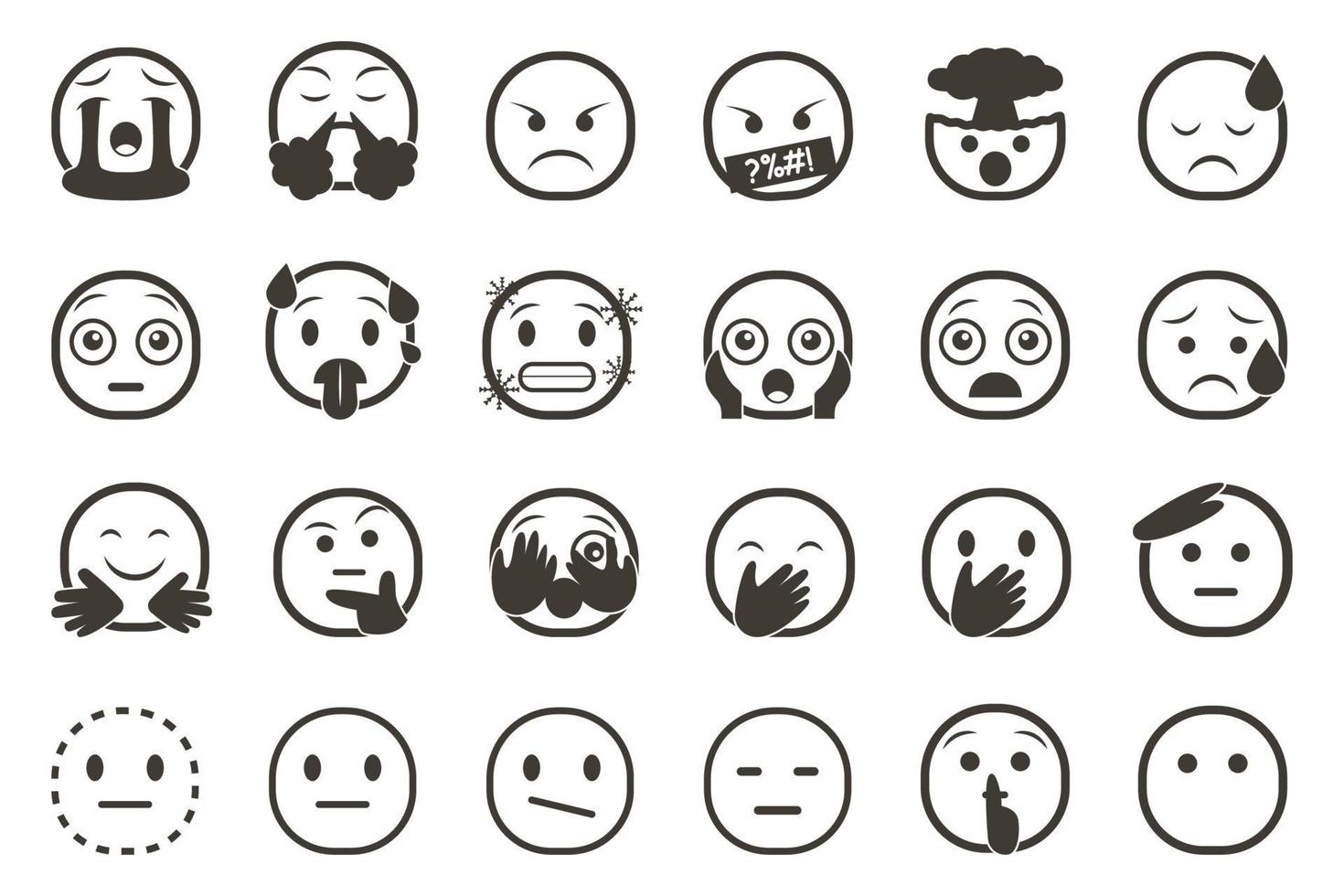 Reihe von Emoticon-Smiley-Symbolen. Cartoon-Emoji-Set mit Lächeln, traurigen, glücklichen und flachen Emotionen vektor