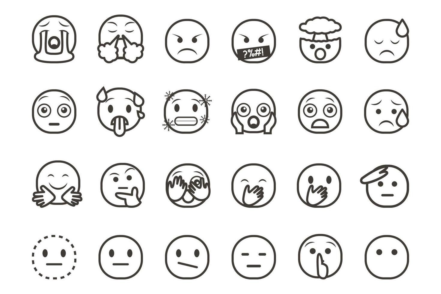 Reihe von Emoticon-Smiley-Symbolen. Cartoon-Emoji-Set mit Lächeln, traurigen, glücklichen und flachen Emotionen im Linienkunststil vektor