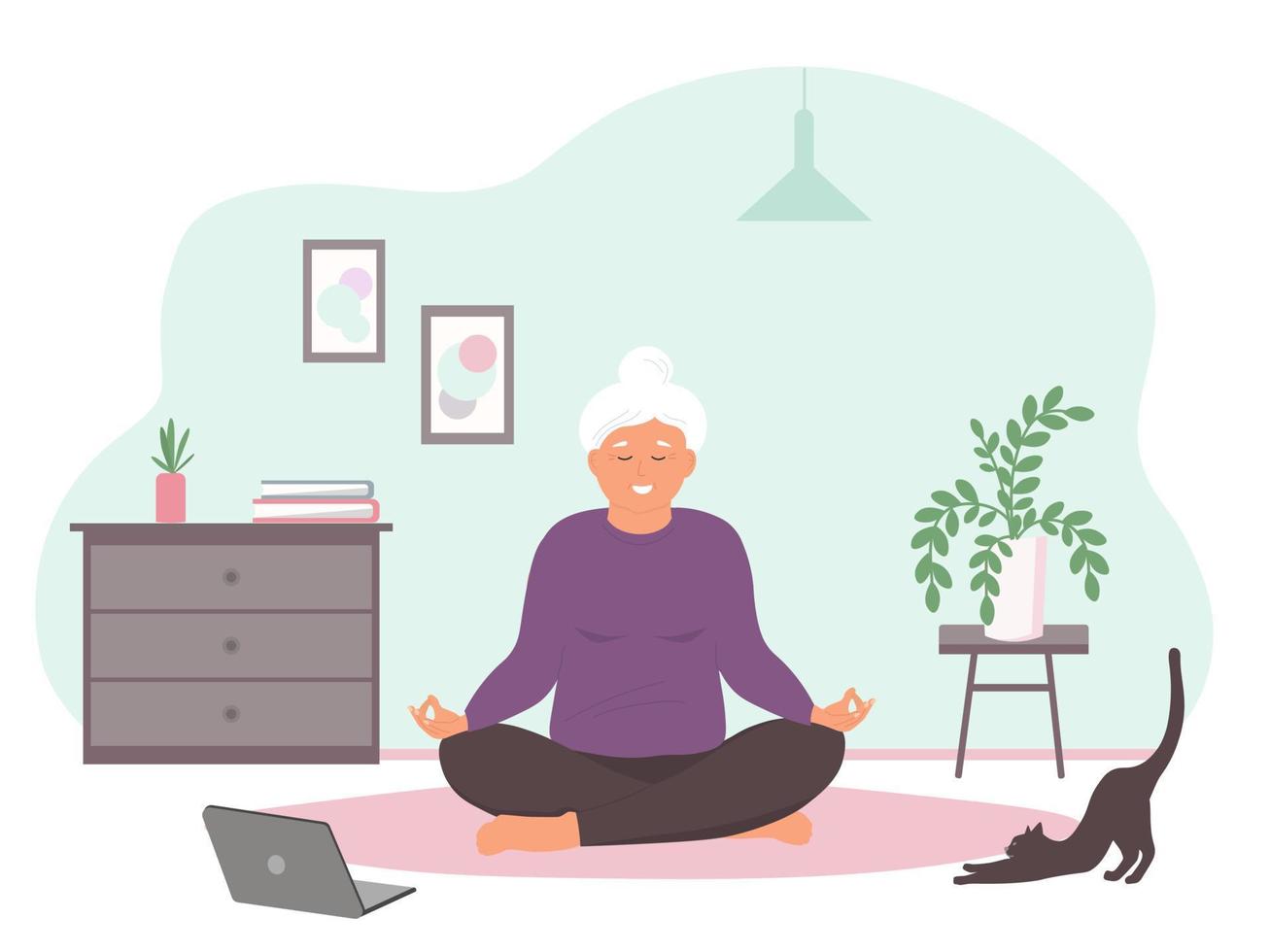 eine ältere frau macht yoga auf dem boden im zimmer. eine grauhaarige alte dame ist zu hause online im fitnessstudio und schaut sich einen laptop an. Vektorgrafiken. vektor