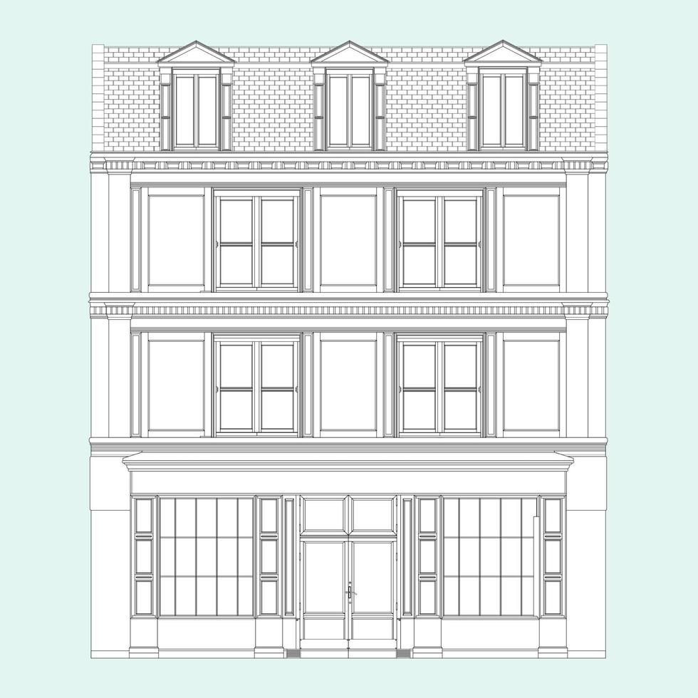 gammaldags tegel byggnad färg bok i realistisk stil. europeisk Fasad hus främre se. vektor illustration isolerat på vit bakgrund.
