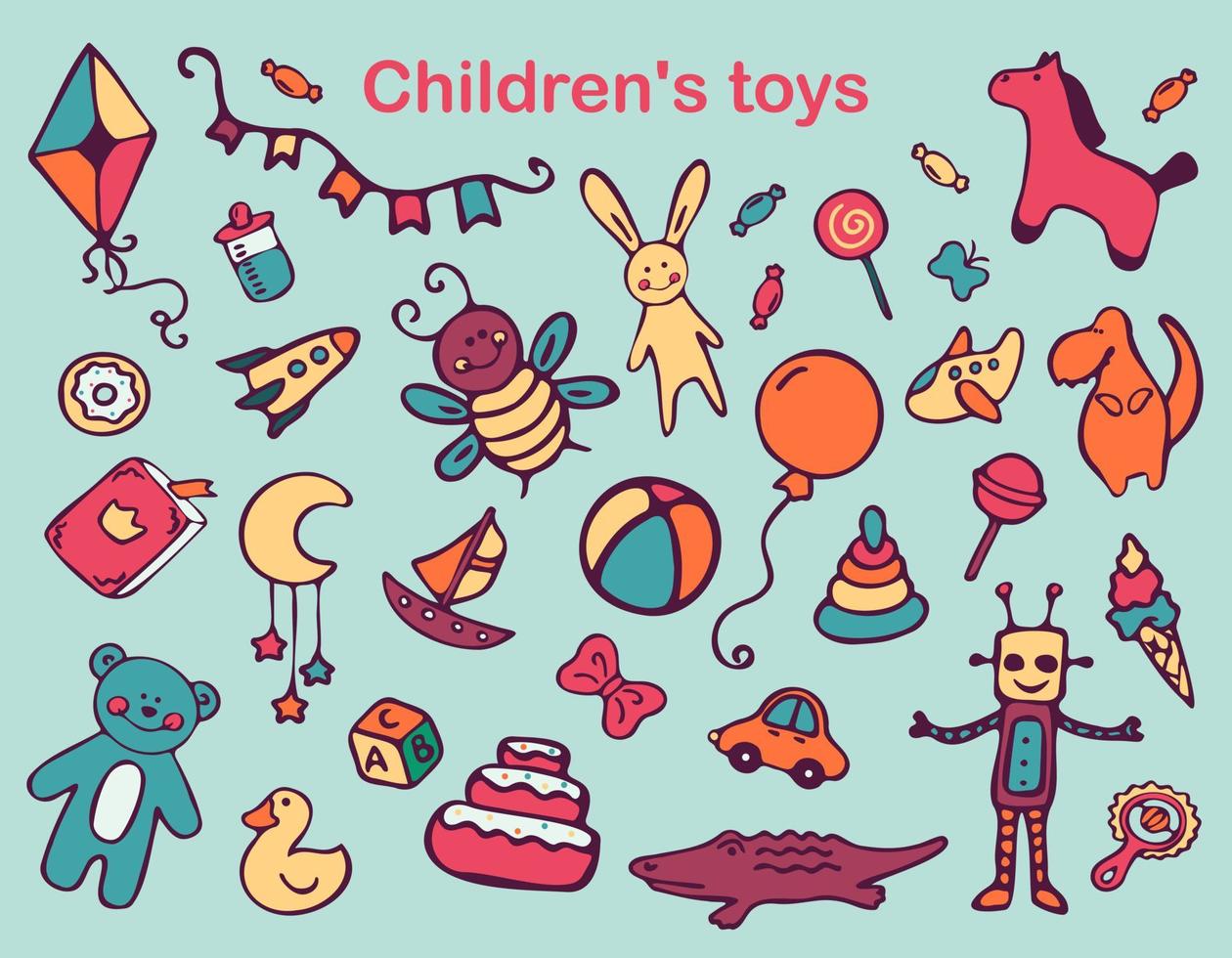 barn leksaker klotter ikon uppsättning. isolerat barn leksaker vektor illustration samling. hand dragen isolerat leksaker. vektor illustration