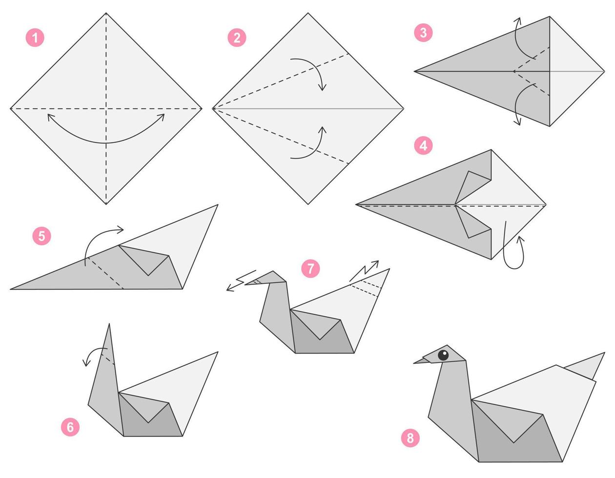 Schwan-Origami-Schema-Tutorial, bewegliches Modell. Origami für Kinder. Schritt für Schritt, wie man einen niedlichen Origami-Schwan macht. Vektor-Illustration. vektor