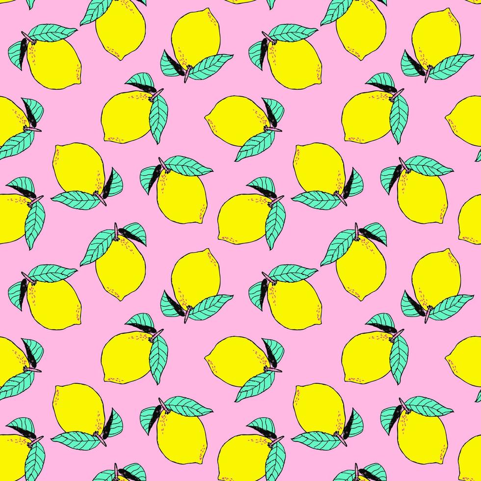 färsk ljus citroner sömlös mönster bakgrund. frukt vektor illustration isolerat på lila bakgrund. färgrik tapet citrus- frukt samling. dekorativ illustration, Bra för utskrift.