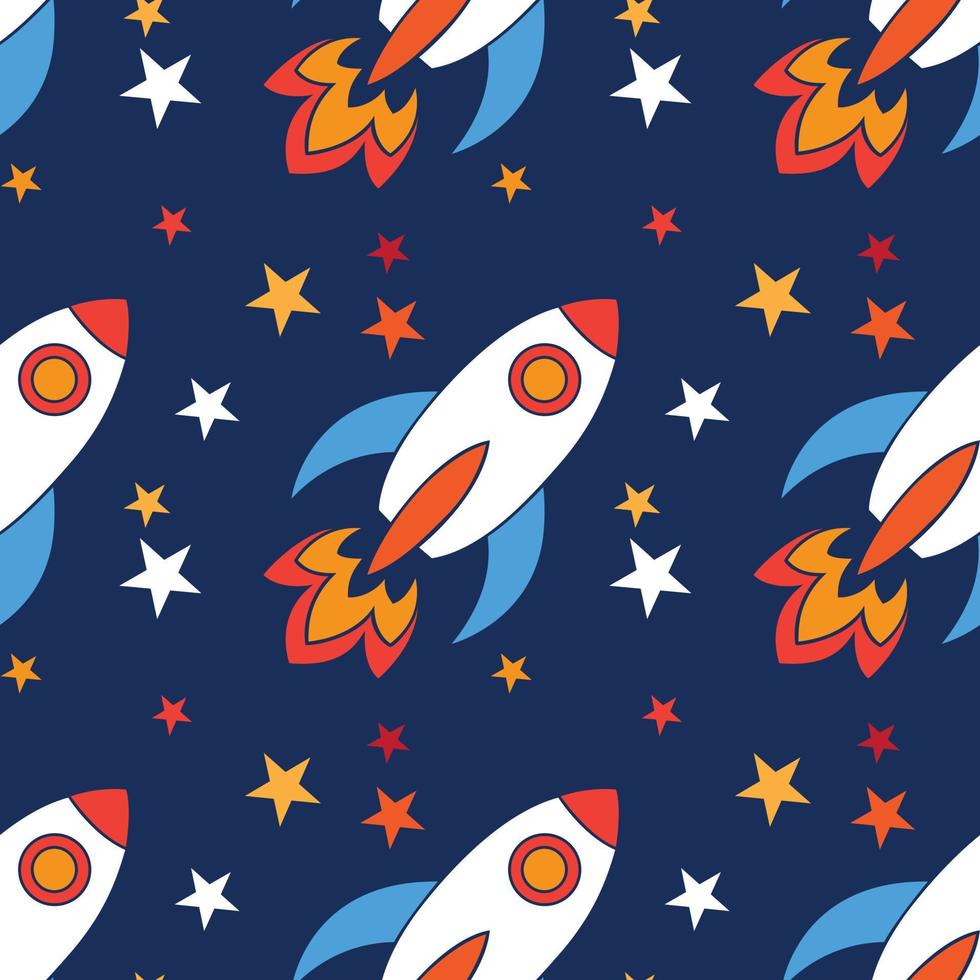 Raketenraumschiff mit nahtlosem Vektormuster der Sterne. Design für Hintergrund, Textil, Stoff, Packpapier und andere isoliert auf marineblauem Hintergrund. vektor