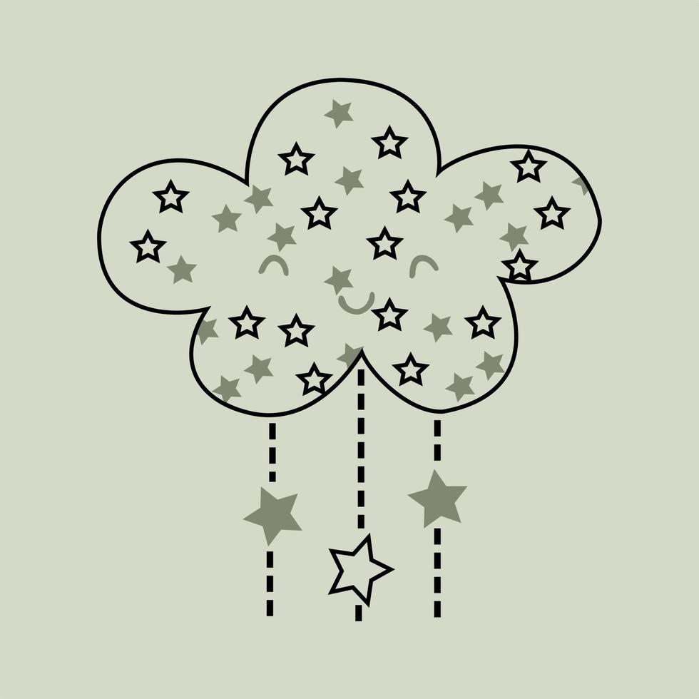 Handzeichnungs-Umrisswolke mit den flachen Artvektorkunstillustration der Sterne lokalisiert auf weißem Hintergrund vektor