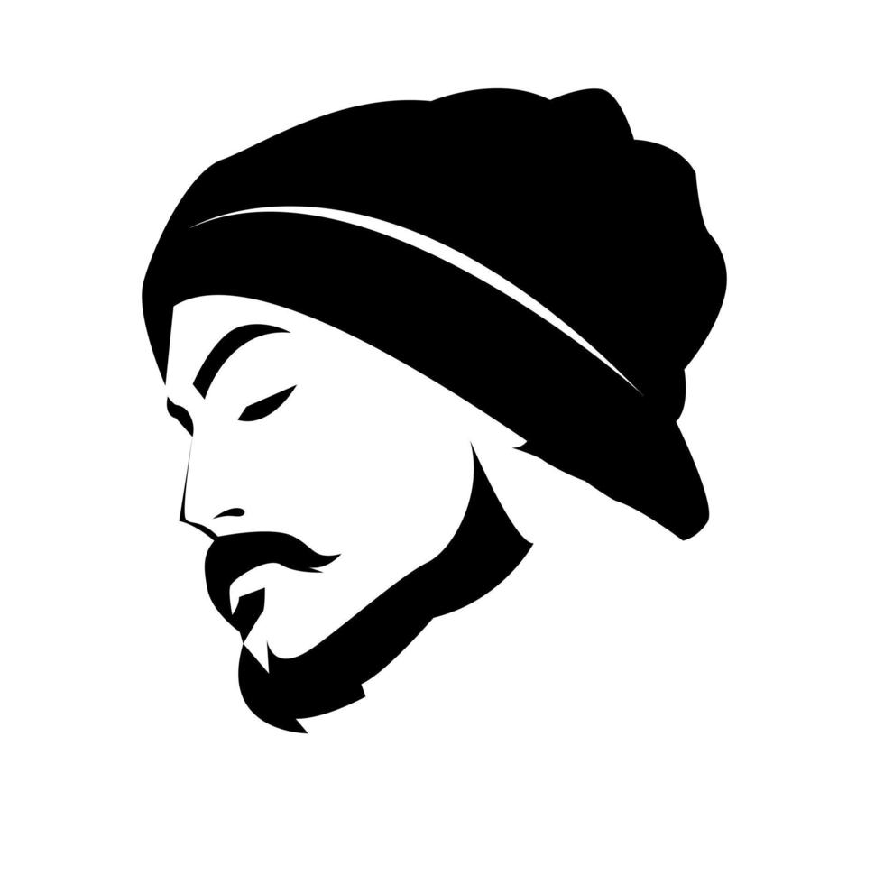 porträtt av stilig man silhuett i mössa hatt. skägg, mustasch. vektor grafisk. svart och vit. isolerat på vit bakgrund