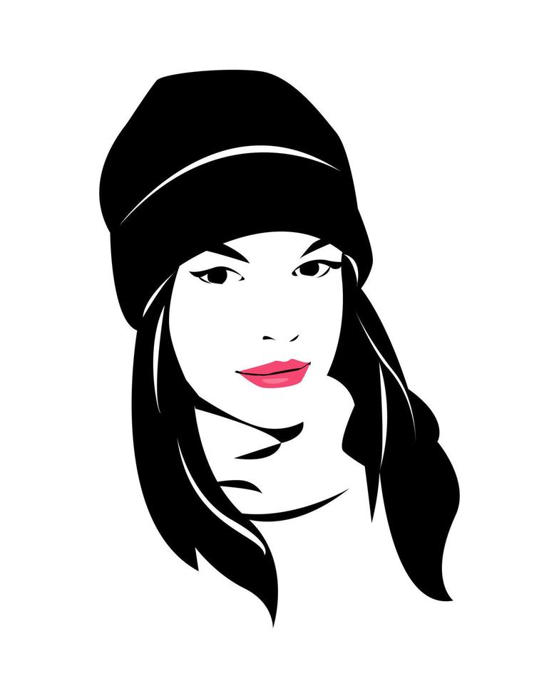 porträtt av en skön kvinna ansikte bär en mössa hatt. leende. röd mun. vektor grafisk. isolerat på vit bakgrund
