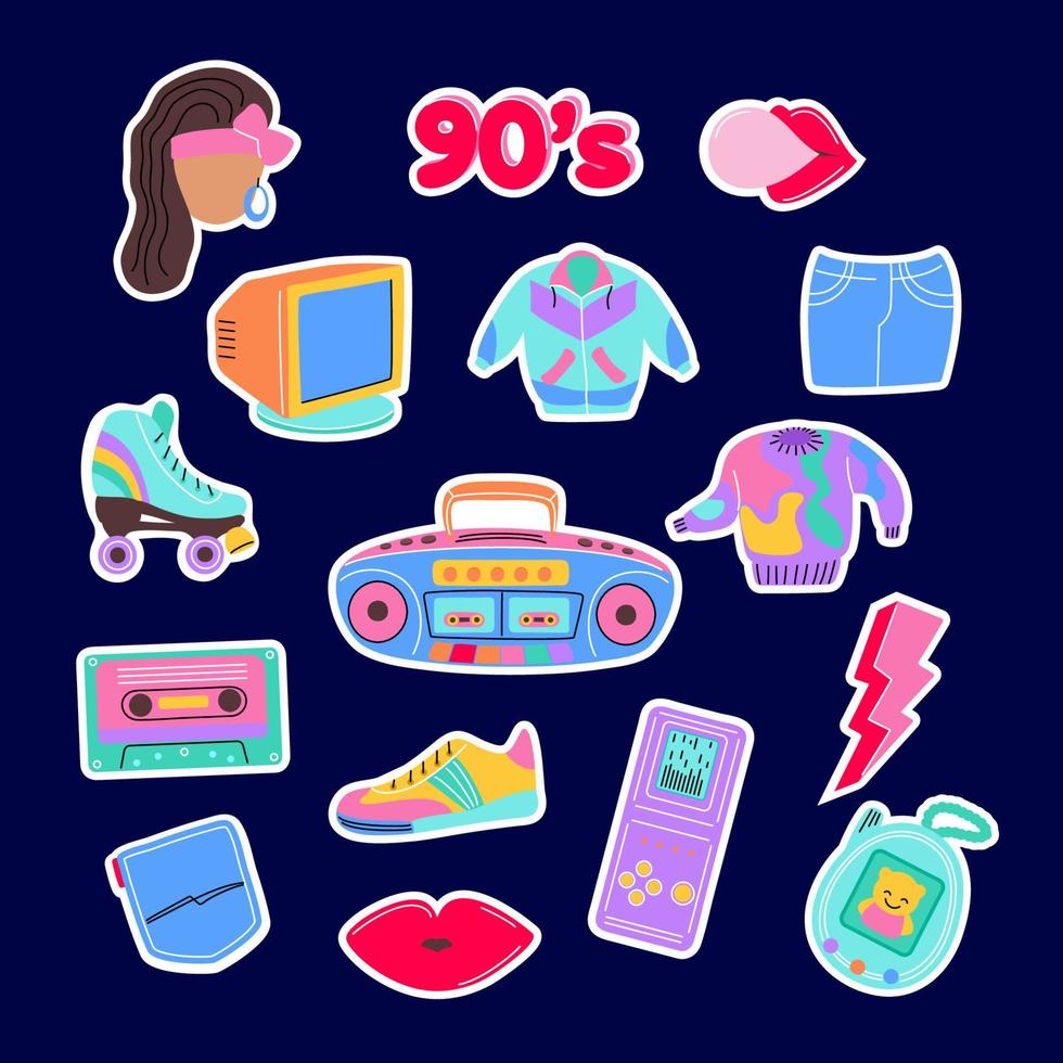 90s mode ikoner med mun, sneakers, tejp brännare, leksaker, dator trem, etc. vektor illustration isolerat på mörk bakgrund.