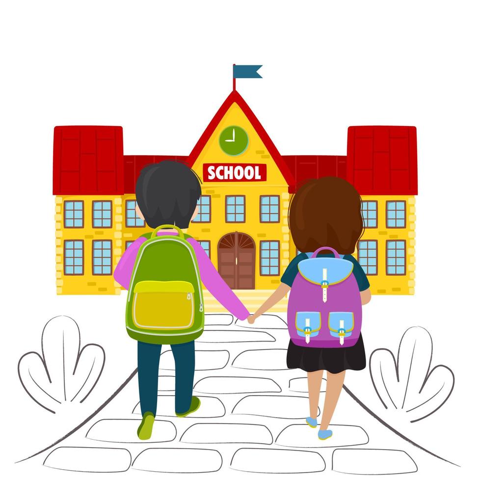 illustration von schulkindern zur schule mit rucksack schulgebäude vektor