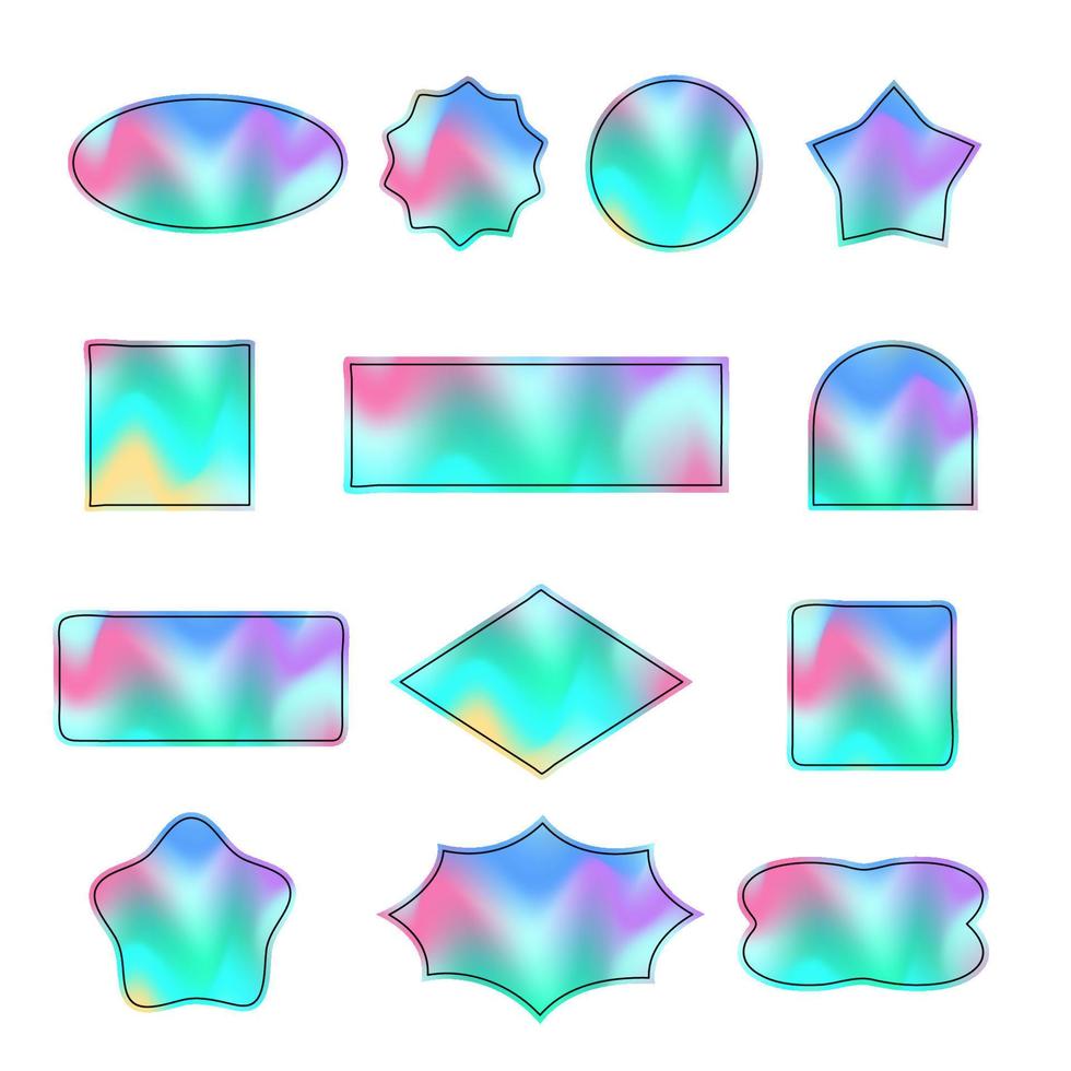 holografiska klistermärken. etiketter med hologram av annorlunda former. former av klistermärken för design layouter. holografiska texturerad klistermärken för förhandsvisning taggar, etiketter. vektor illustration