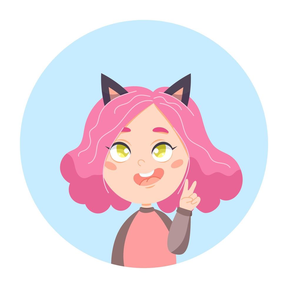 söt rosa håriga tecknad serie stil flicka med grön ögon och katt öron vektor