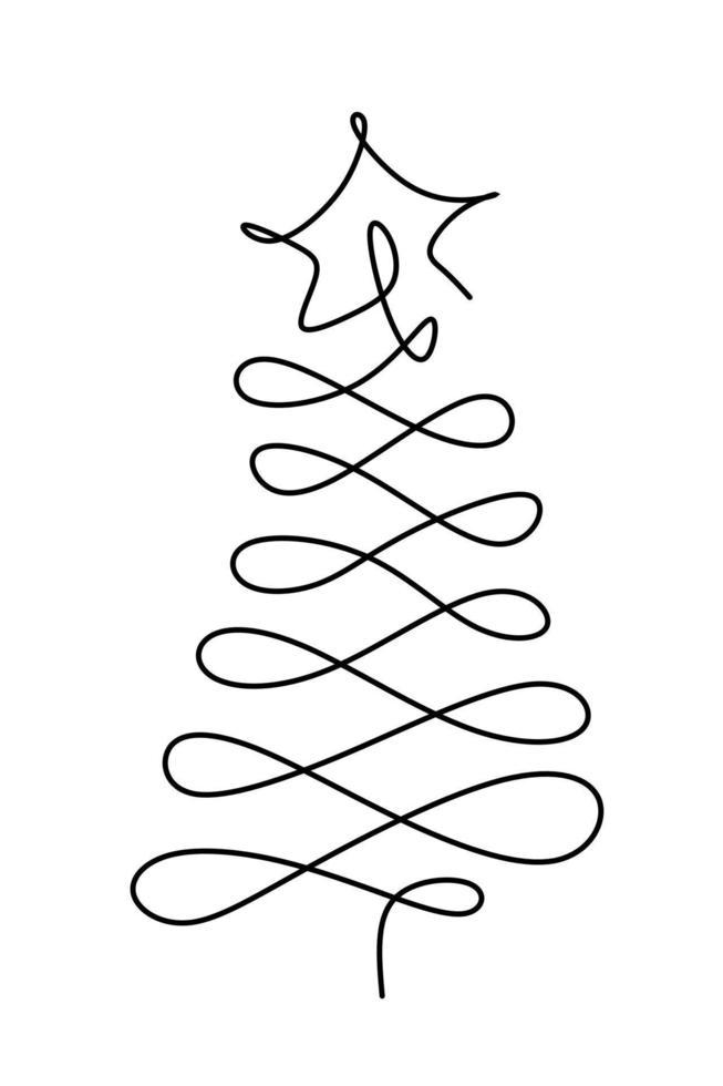 ett linje teckning jul träd med stjärna på topp av Det. modern kontinuerlig linje konst, estetisk kontur. xmas symbol för hälsning kort, grafik, affisch, klistermärke, baner, inbjuder. vektor