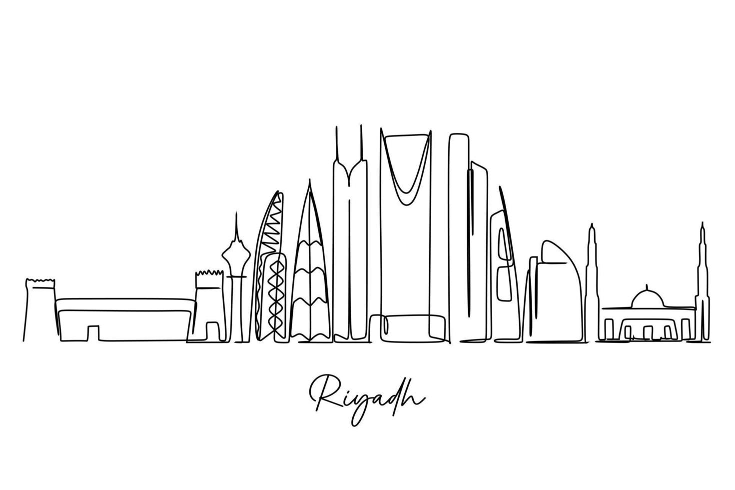 eine durchgehende Linienzeichnung der Skyline von Riad. weltberühmtes Reiseziel. einfaches handgezeichnetes Design für Reise- und Tourismusförderungskampagnen vektor