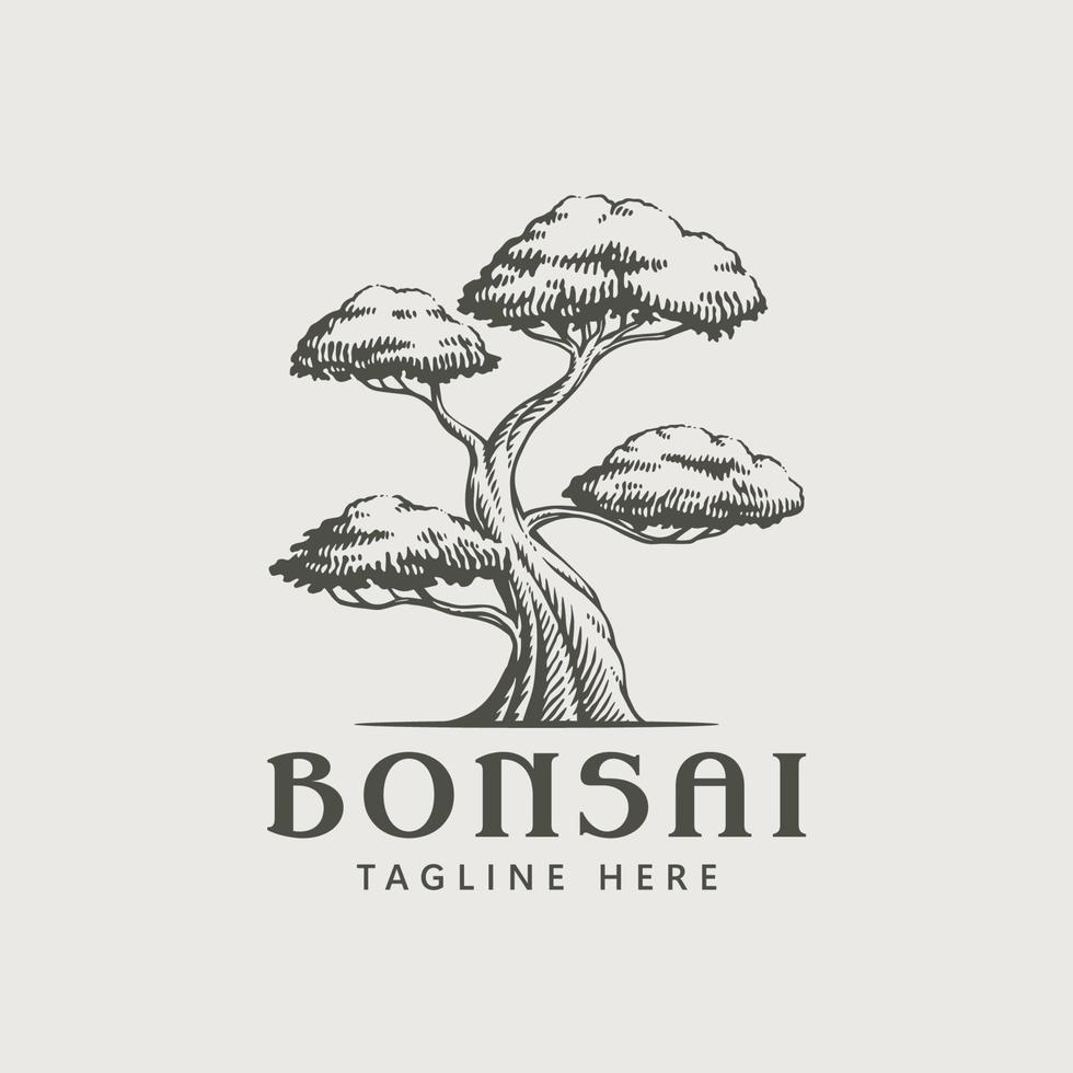 årgång bonsai träd logotyp design mall vektor