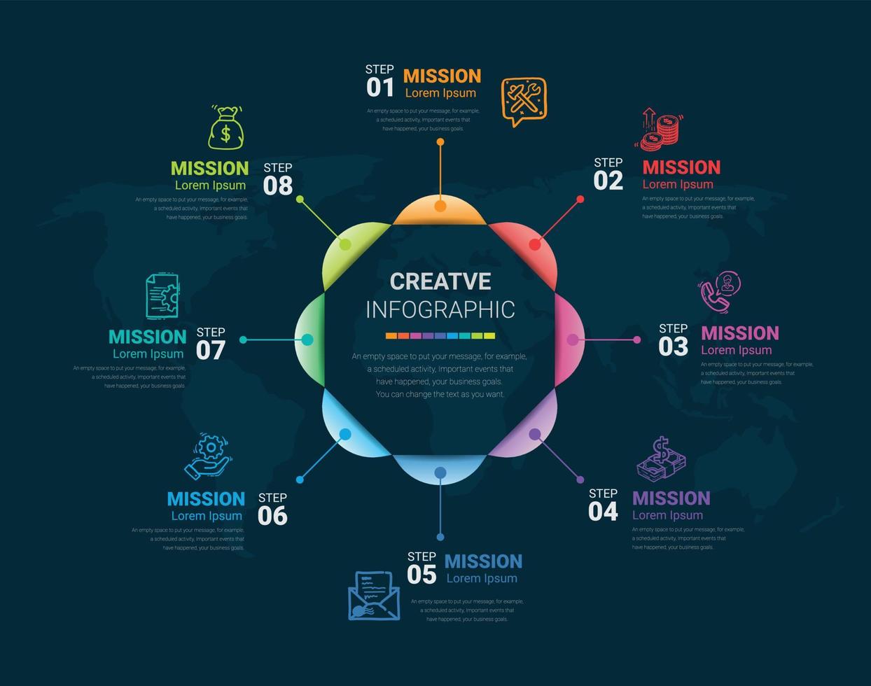 cirkel infografisk tunn linje design och 8 alternativ eller steg. vektor