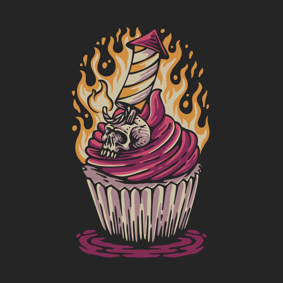 Vektor-illustration Kuchen des neuen Jahres mit Totenköpfen und Feuerwerkskörpern auf einem Hintergrund von Feuer für T-Shirt-Design vektor