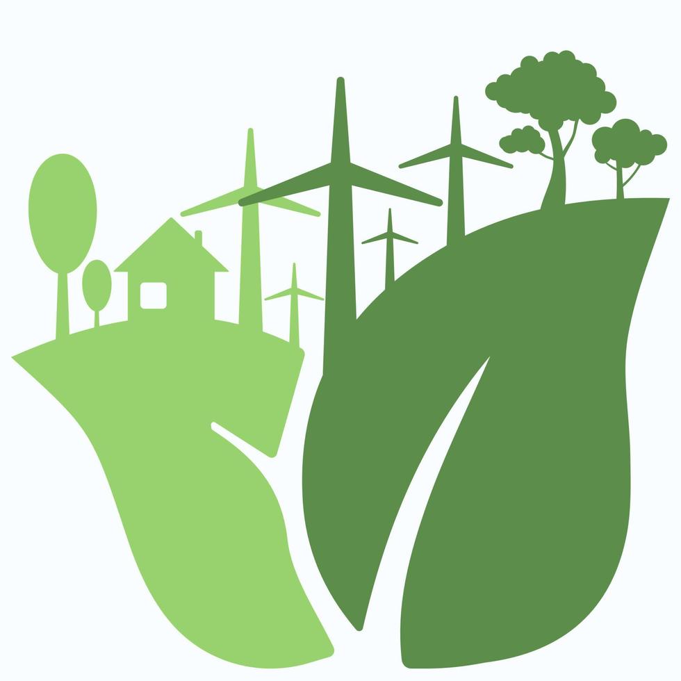 ikon, klistermärke, knapp på de tema av sparande och förnybar energi med löv, träd, hus och vind turbiner vektor