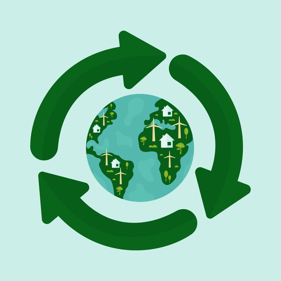 Symbol, Aufkleber, Schaltfläche zum Thema Einsparung und erneuerbare Energie mit Erde, Planet, Windkraftanlage, Häusern und Symbol Erneuerbar vektor