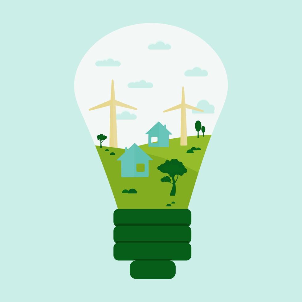 Symbol, Aufkleber, Schaltfläche zum Thema Einsparung und erneuerbare Energie mit Landschaft mit Haus, Bäumen, Wolken, Windkraftanlagen in der Glühbirne. vektor