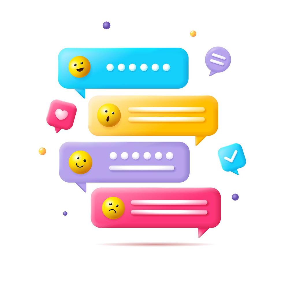 3D-Sprechblase mit Emoji-Zeichen im Cartoon-Stil. Vektor
