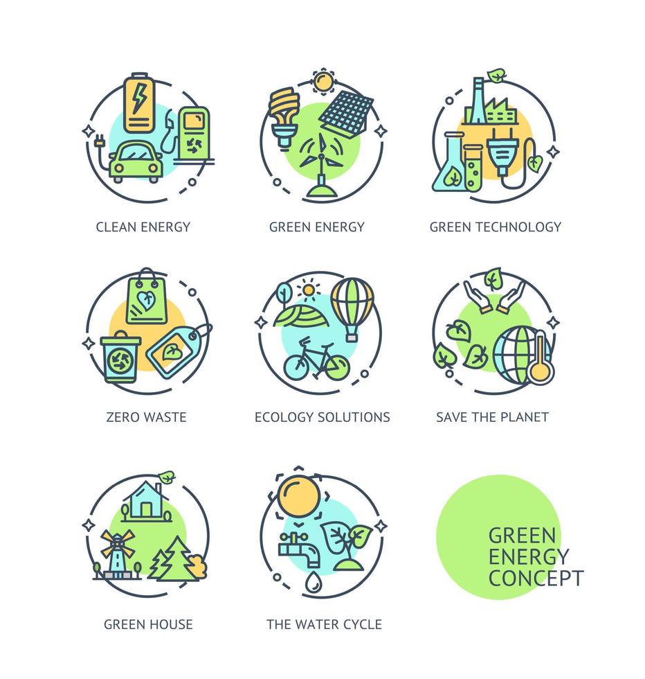 grön energi begrepp tunn linje ikoner etiketter uppsättning. vektor