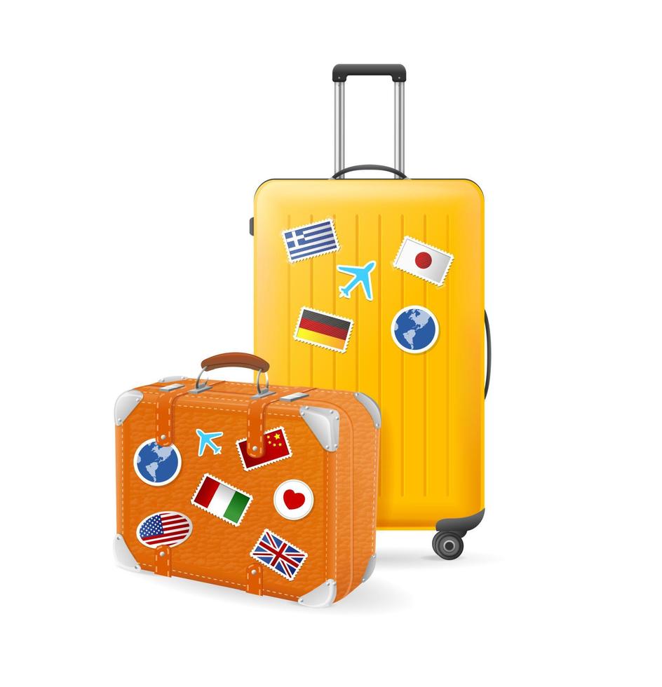 realistisk detaljerad 3d modern och retro resa resväska med klistermärke flaggor. vektor