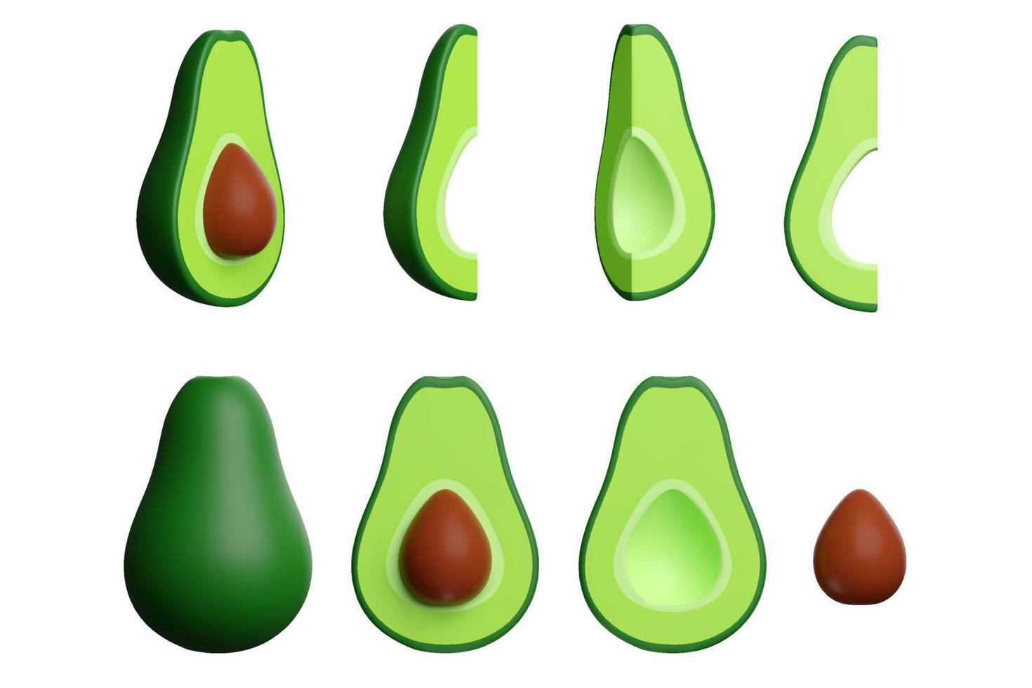 3D grüne Avocado, Set aus frischen ganzen, halben, geschnittenen Scheiben, mit einem großen Samen. pflanzliche Lebensmittel, frisches Bio-Obst für einen gesunden Lebensstil. realistische karikaturart der vektorillustration lokalisiert vektor