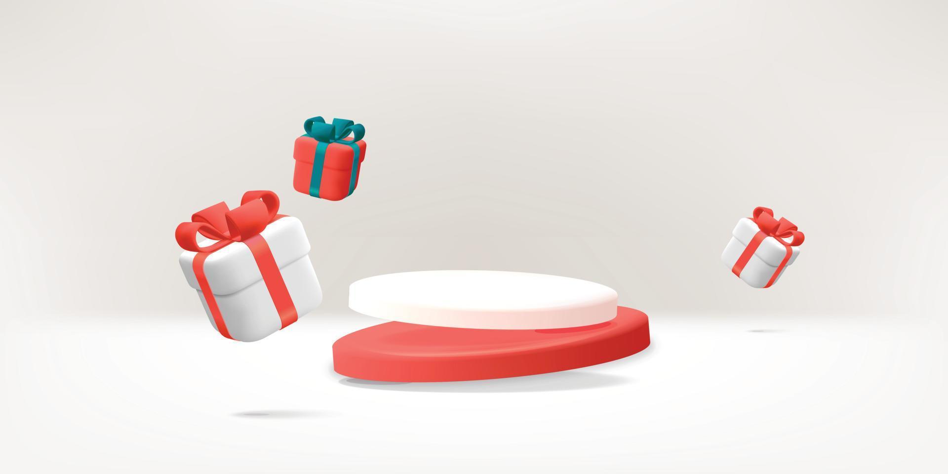 3D-Vektor zwei fliegendes rotes und weißes Podium mit schwimmenden Geschenkboxen Urlaubspromo-Werbebanner vektor