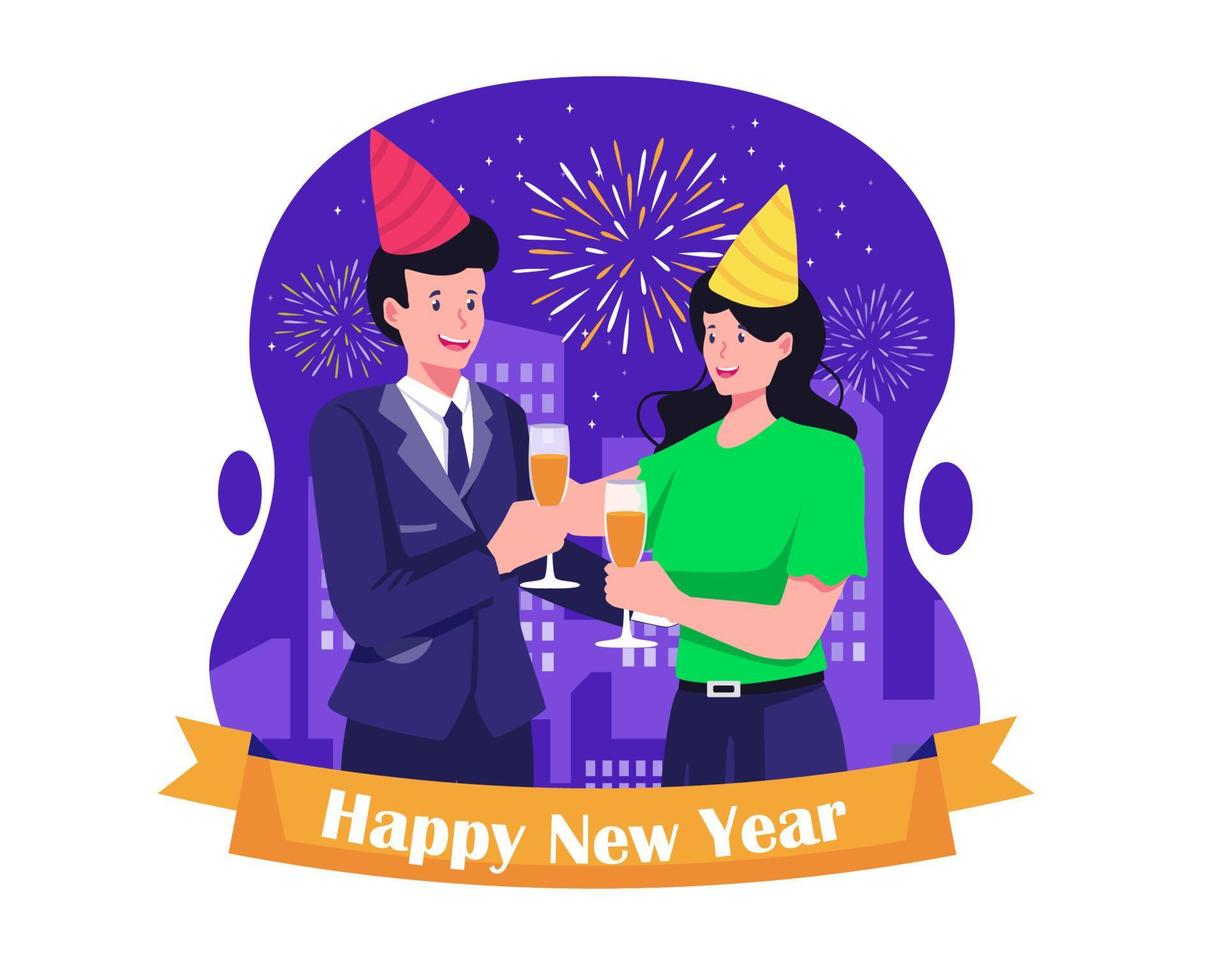 Lycklig ny år begrepp med en affärsman och en kvinna medarbetare fira ny år eve förbi dricka tillsammans. vektor illustration i platt stil