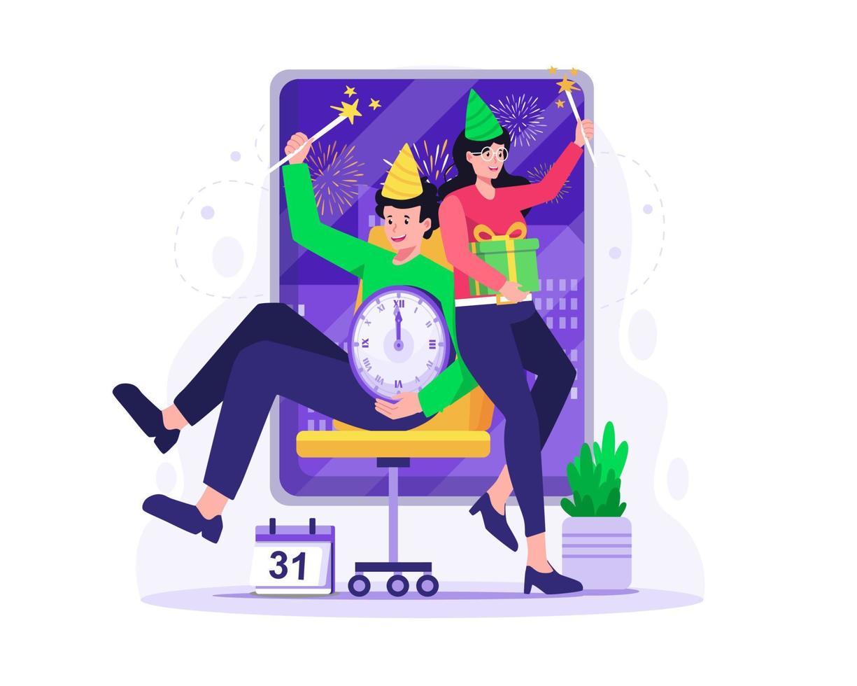 människor fira ny år eve. en man sitter på en stol innehav en klocka och en kvinna spelar med fyrverkeri. vektor illustration i platt stil