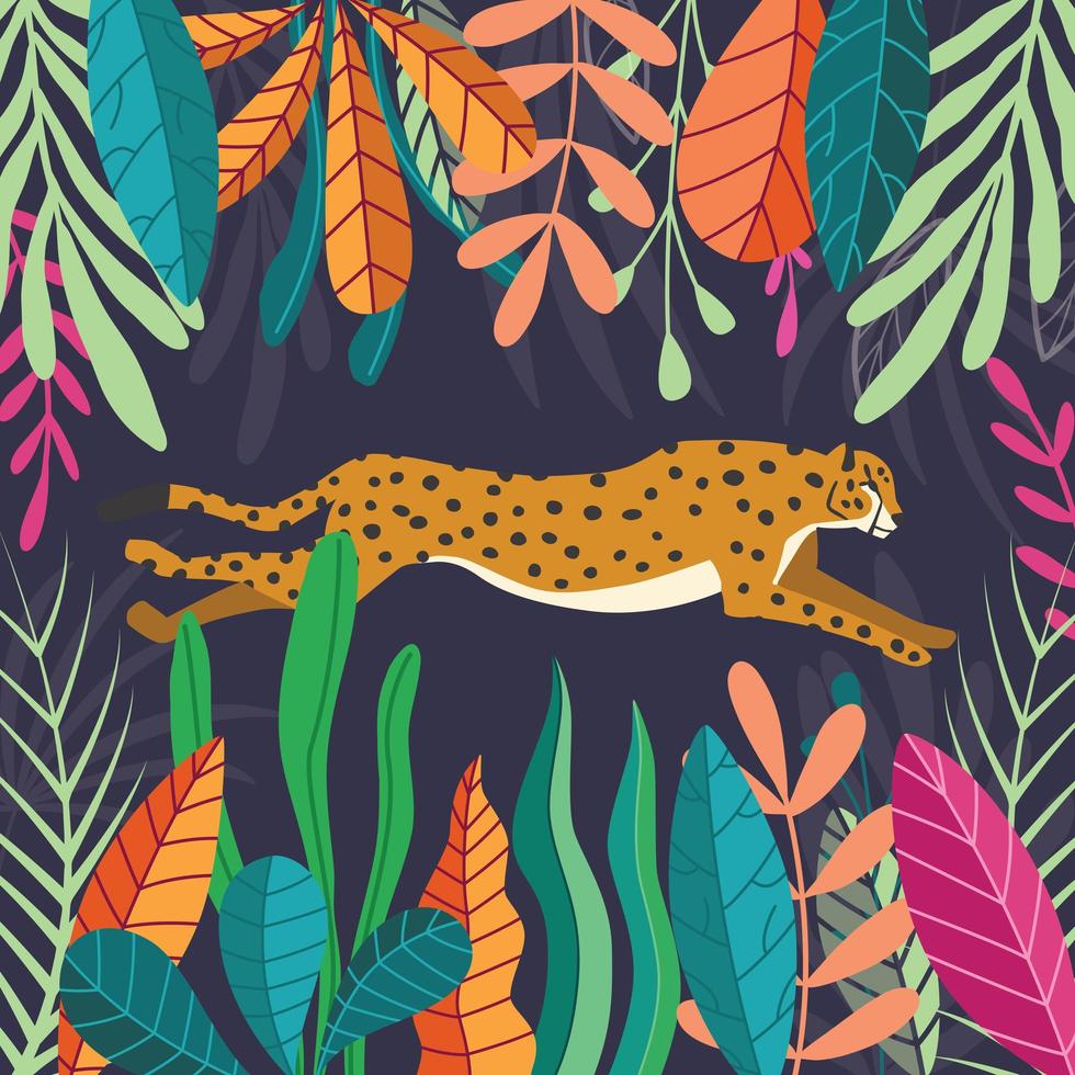 stor katt gepard kör på mörk tropisk bakgrund vektor
