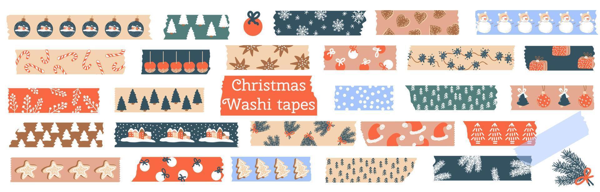 weihnachtliche Washi-Tapes. set mit schneeflocken, lebkuchen, fichte, winterelementen. Abdeckband oder Klebestreifen für Rahmen, Scrapbooking, Bordüren, Webgrafiken, Bastelarbeiten, Aufkleber. Vektor