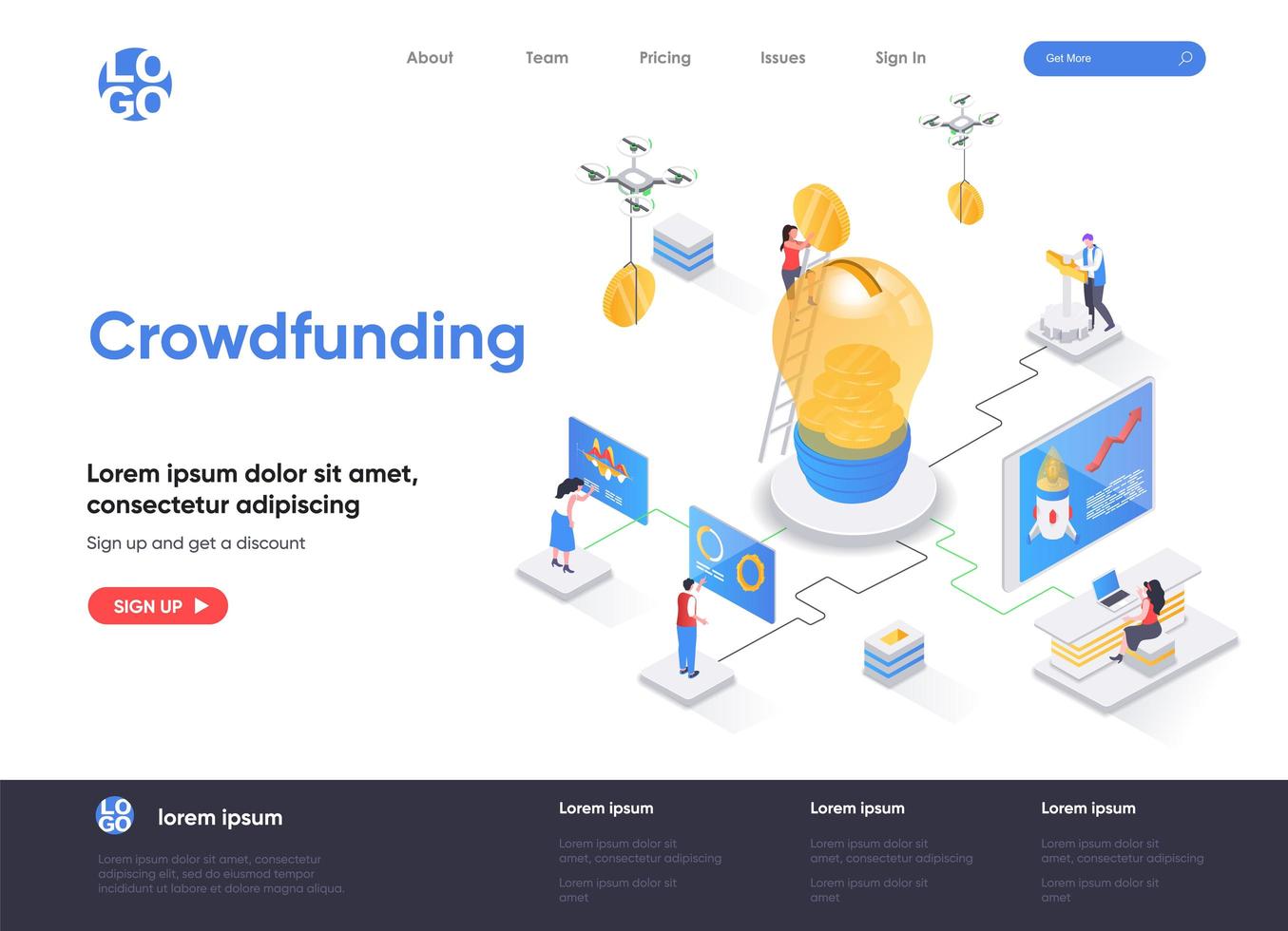 isometrische Crowdfunding-Landingpage vektor