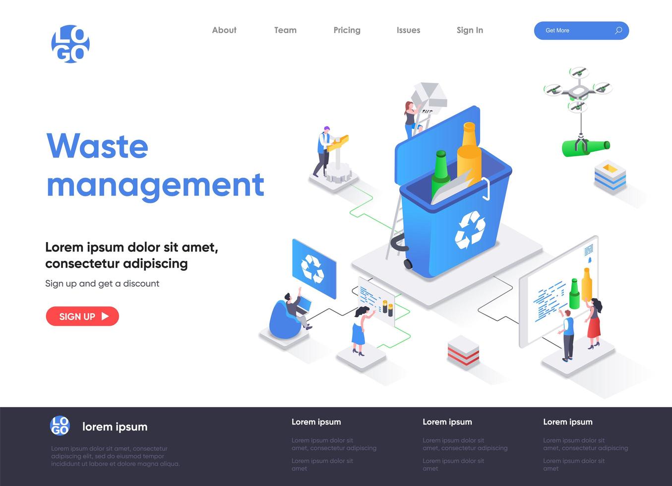 isometrisk målsida för avfallshantering vektor