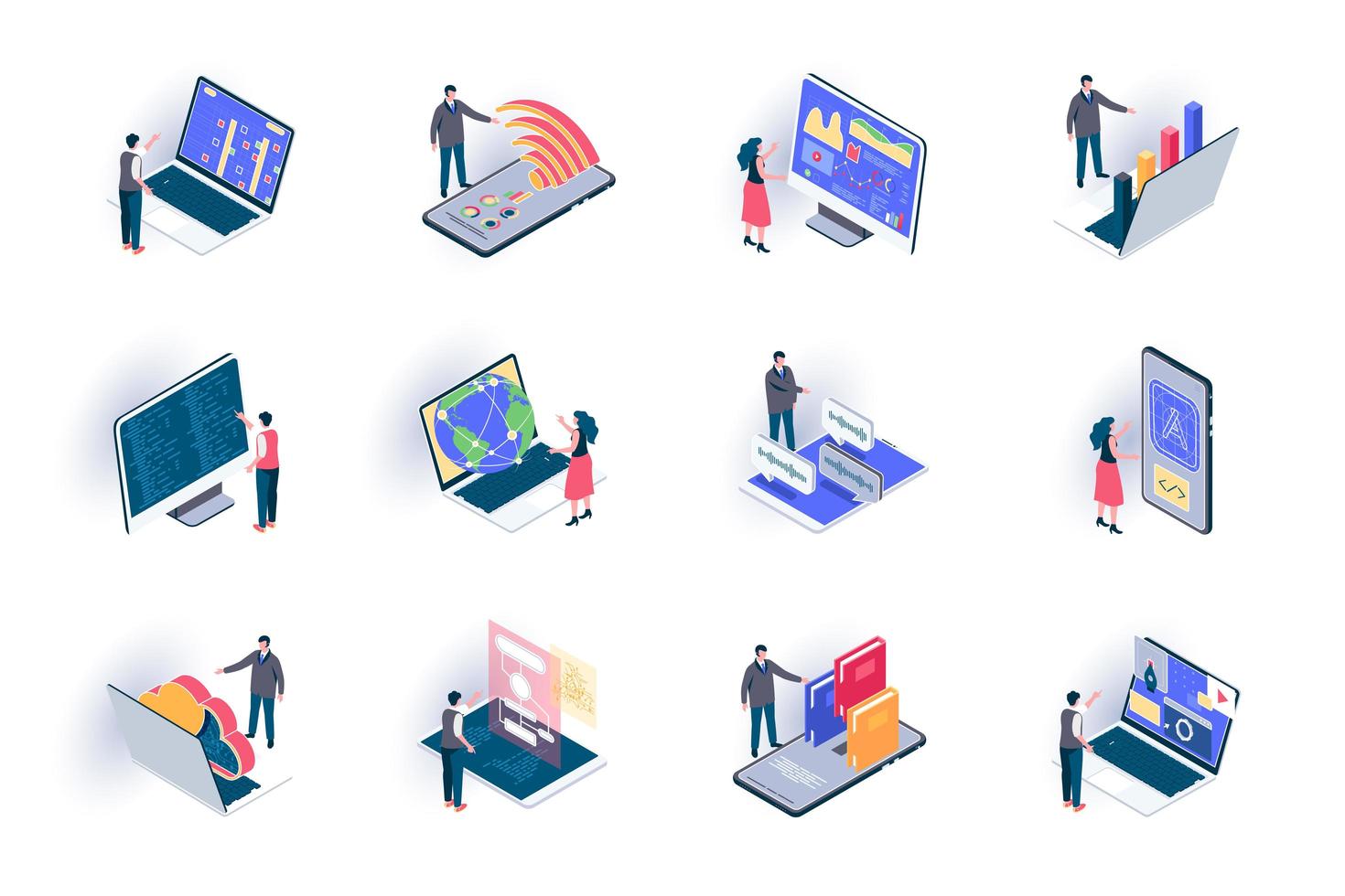 Freiberufliche Arbeit isometrische Symbole gesetzt vektor