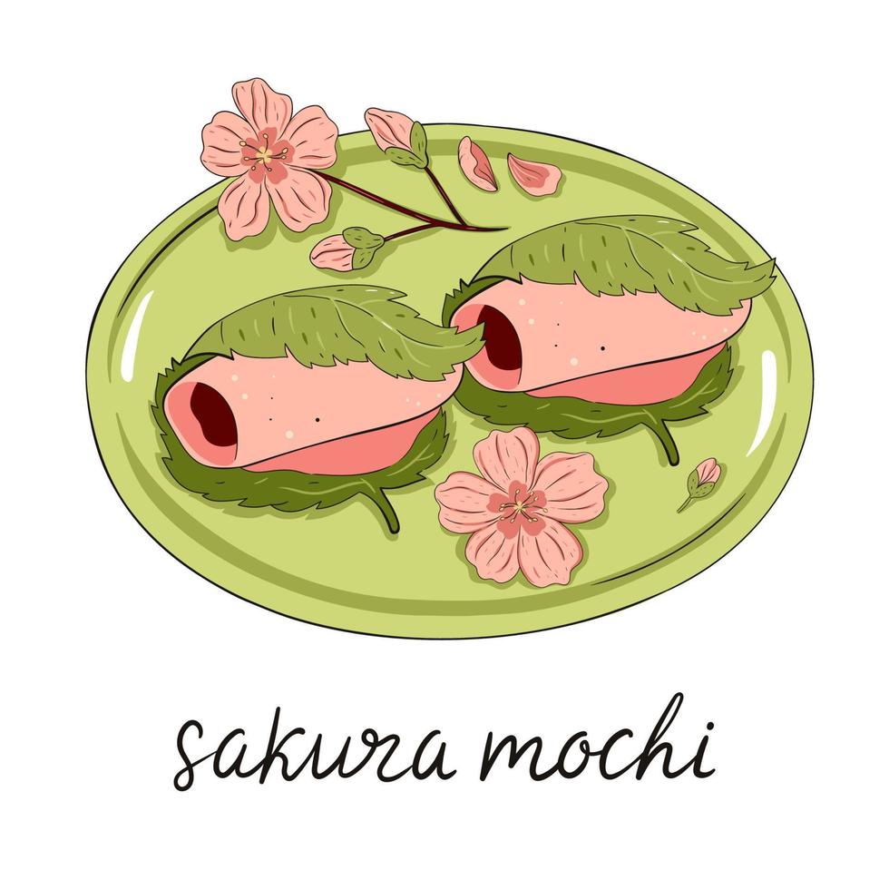 Japanisches Dessert Sakura Mochi in einem Plattenisolat auf weißem Hintergrund. Vektorgrafiken. vektor