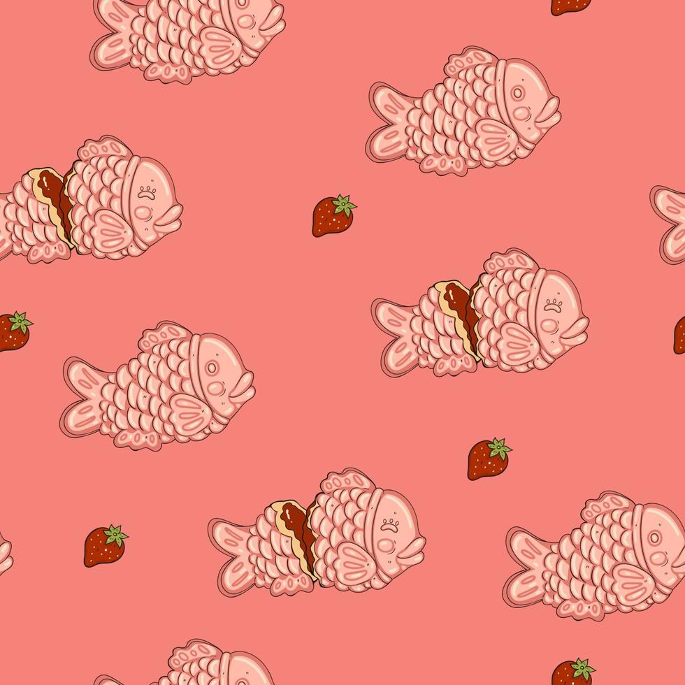 sömlös mönster med rosa taiyaki fisk och jordgubbar. vektor grafik.