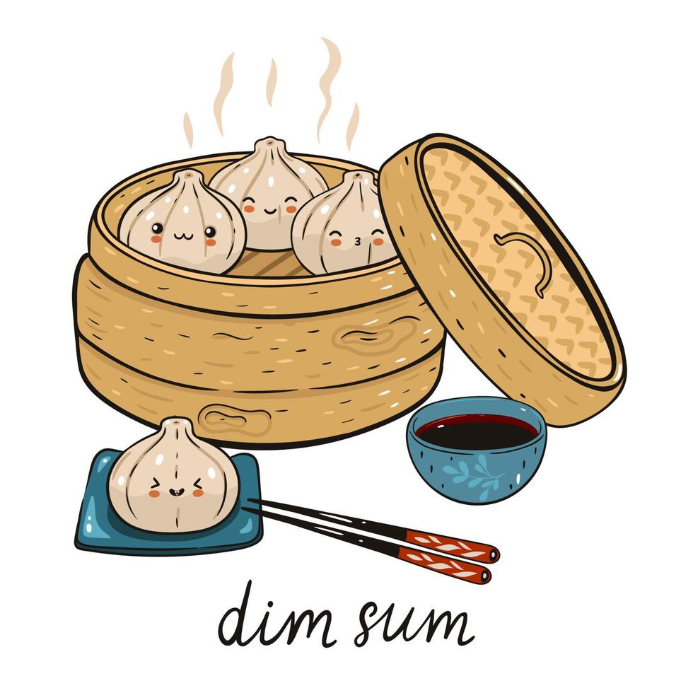 kawaii Dim Sum im Bambusdampfer isoliert auf weißem Hintergrund. Vektorgrafiken. vektor