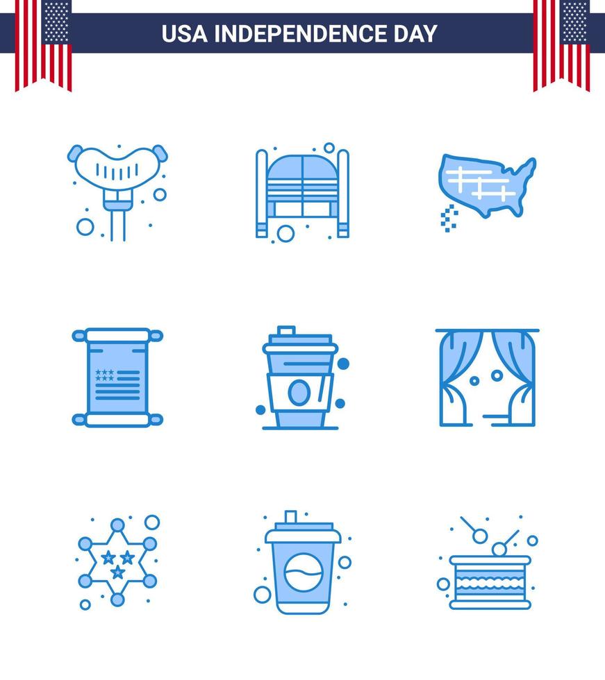 Blaue Packung mit 9 Usa-Unabhängigkeitstag-Symbolen des Getränks Usa-Karte Amerikanische Schriftrolle editierbare Usa-Tag-Vektordesign-Elemente vektor