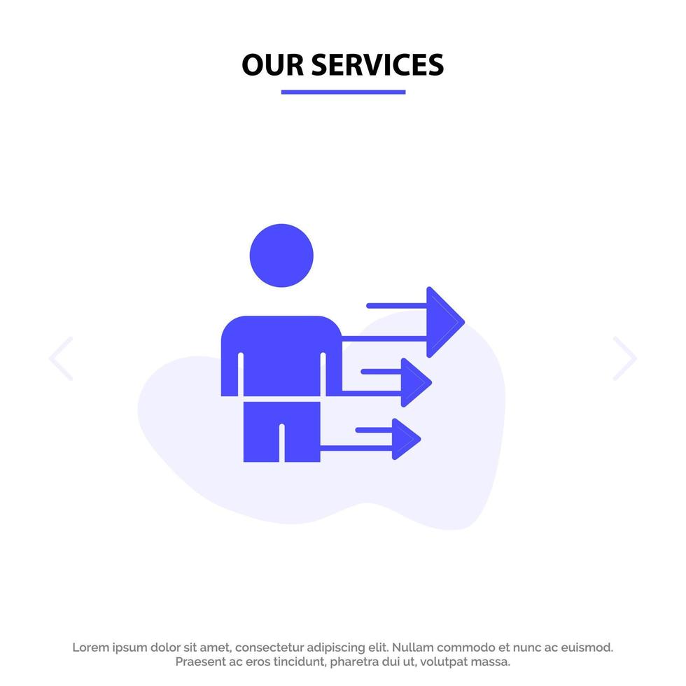 Unsere Dienstleistungen nähern sich der Unternehmensführung Moderne Webkartenvorlage für solide Glyphensymbole vektor