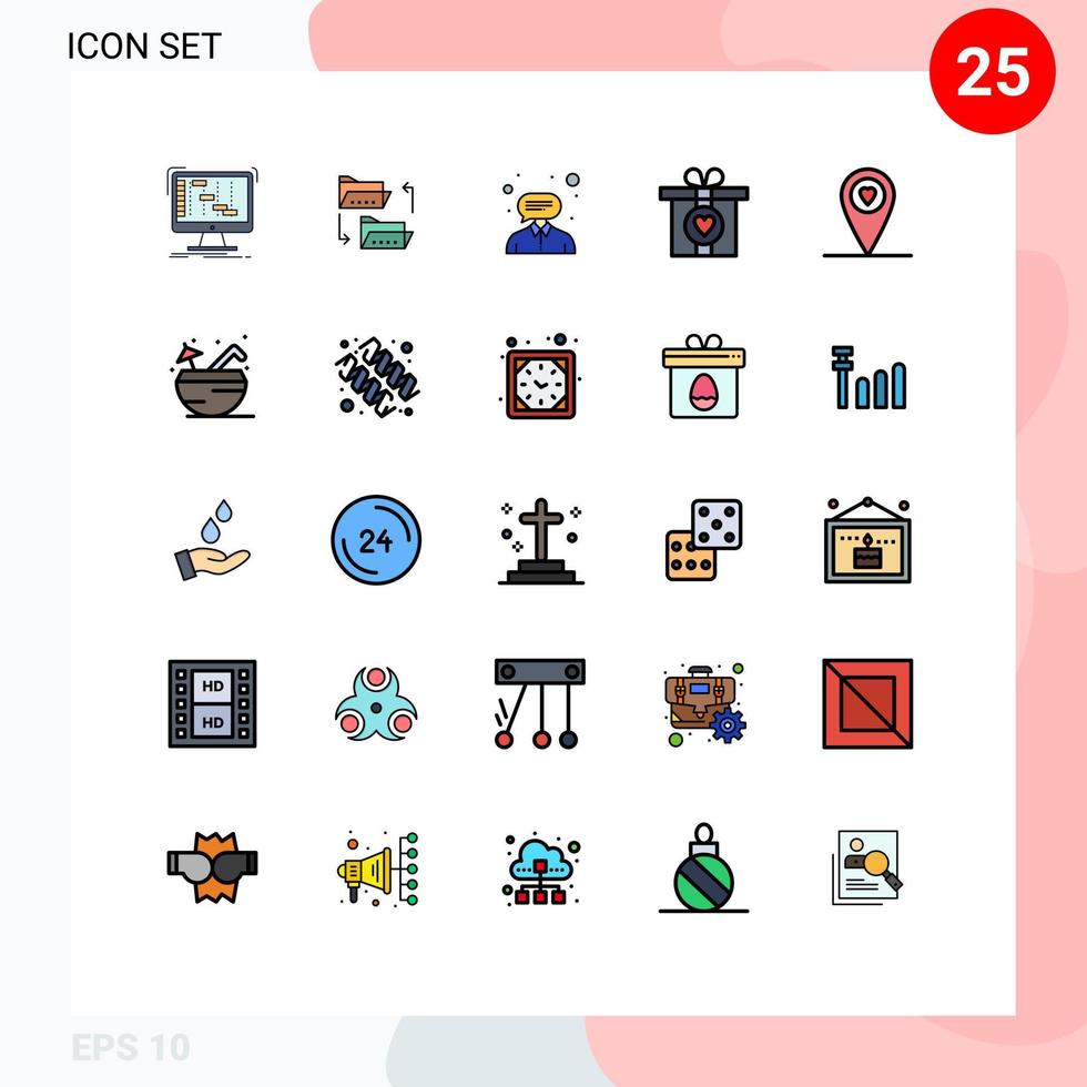 mobile schnittstelle gefüllt linie flache farbe satz von 25 piktogrammen von standort liebe file-sharing geschenk hilfe editierbare vektordesign-elemente vektor