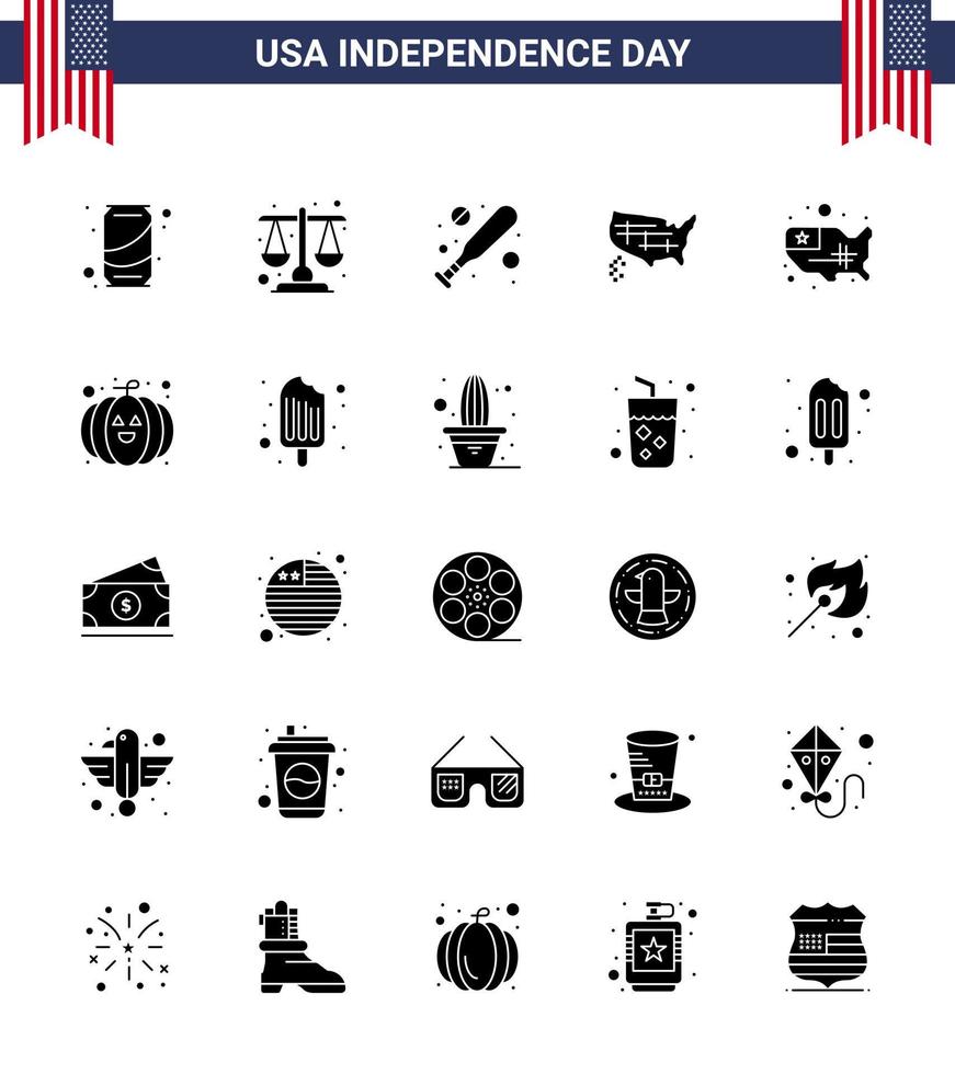 Lycklig oberoende dag packa av 25 fast glyf tecken och symboler för festival mat baseboll USA stater redigerbar USA dag vektor design element