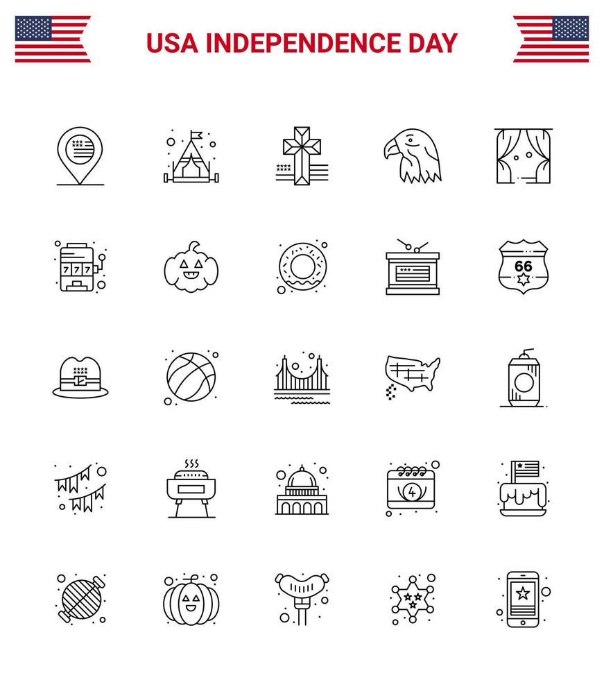 Stock Vector Icon Pack von American Day 25 Zeilenzeichen und Symbolen für die USA Freizeit Kreuz Unterhaltung Adler editierbare USA Tag Vektor Design Elemente