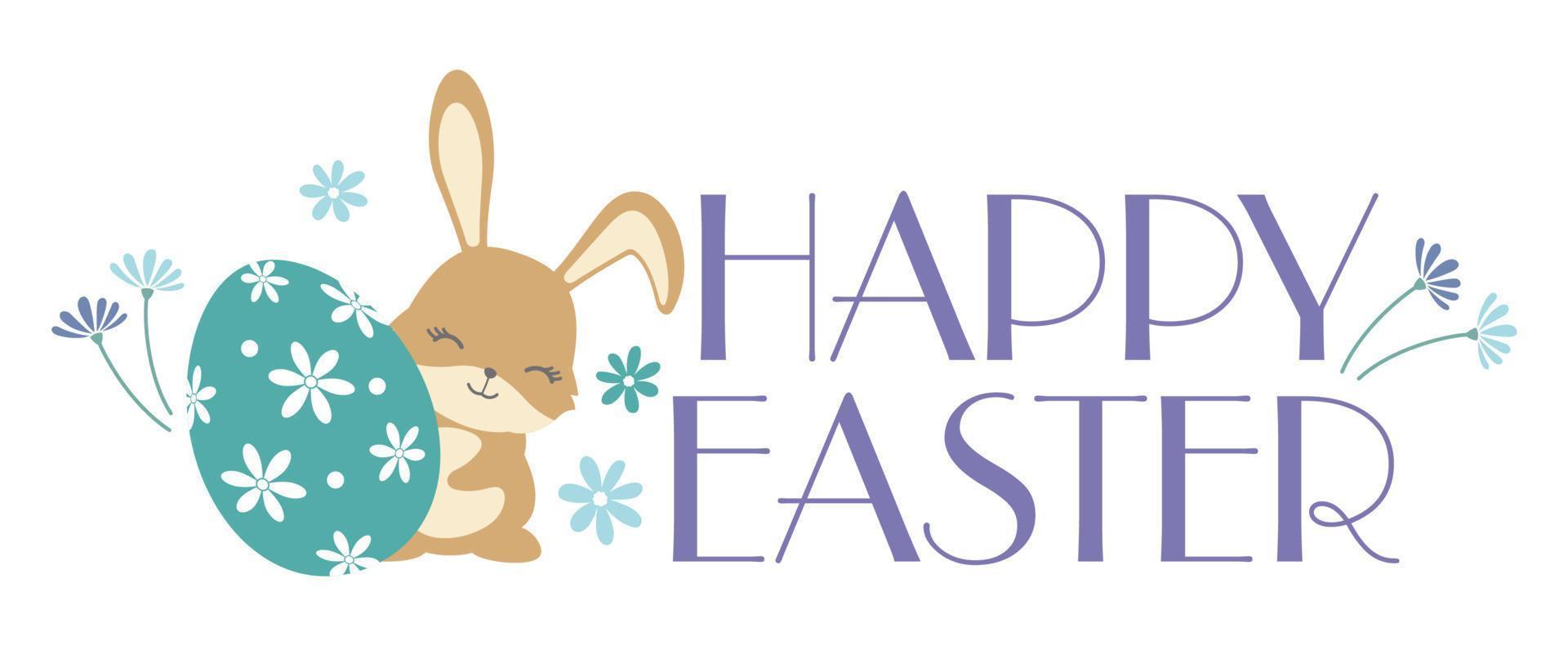 Fröhliches Ostervektor-buntes Symbol-Logo mit einem karikaturistischen Osterhasen und einem Ei isoliert auf weißem Hintergrund. vektor