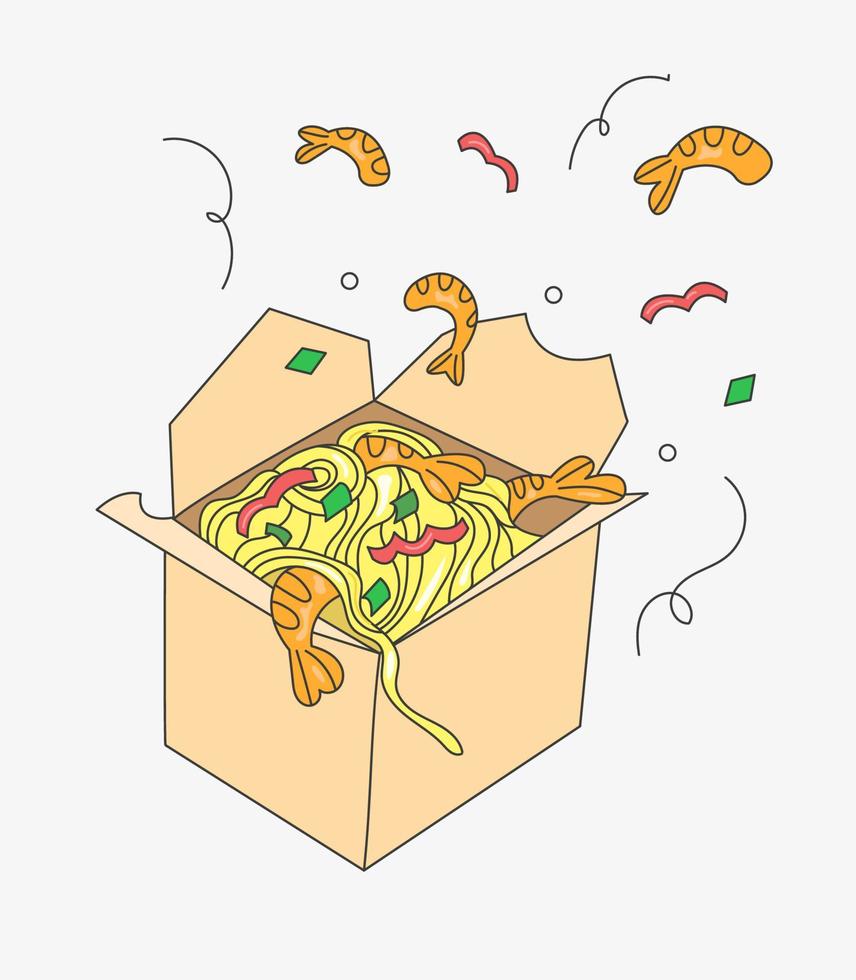 wok asiatisk mat. spaghetti i en låda med räka på isolerat bakgrund vektor
