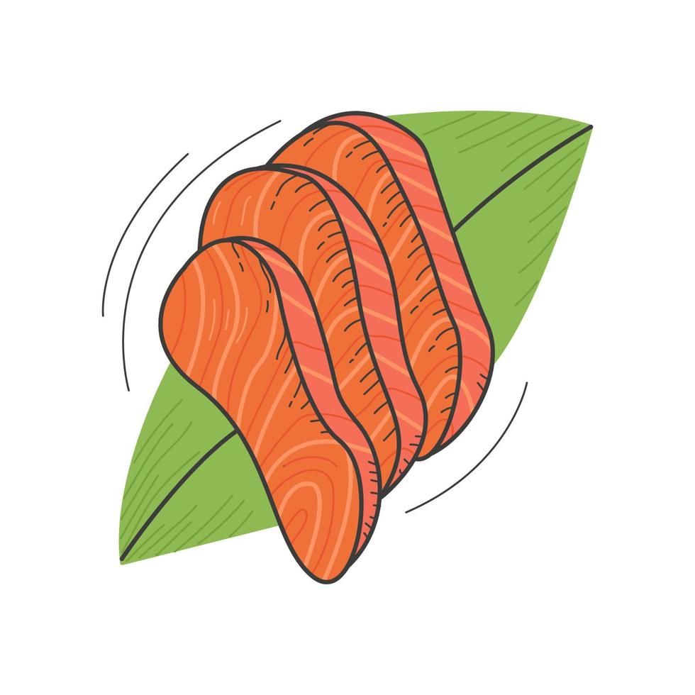 Sashimi-Lachsstücke auf Blatt auf isoliertem Hintergrund vektor