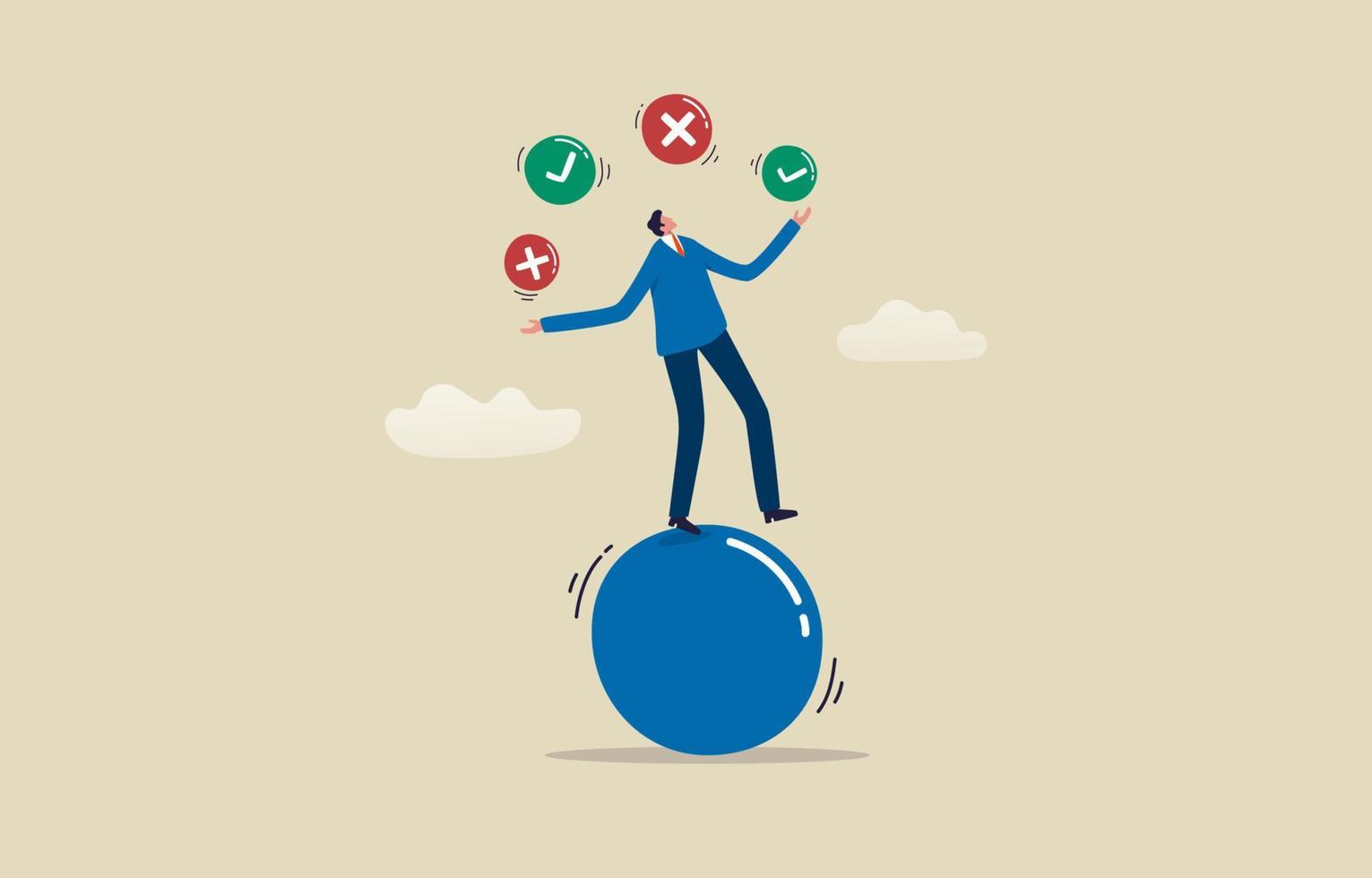 företag beslut rätt eller fel. företag beslut. affärsman balansering och spelar jonglering bollar. illustration vektor
