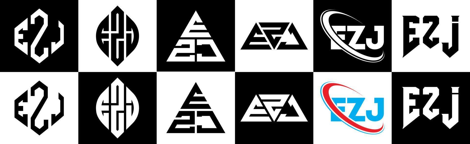 ezj-Buchstaben-Logo-Design in sechs Stilen. ezj Polygon, Kreis, Dreieck, Sechseck, flacher und einfacher Stil mit schwarz-weißem Buchstabenlogo in einer Zeichenfläche. ezj minimalistisches und klassisches Logo vektor