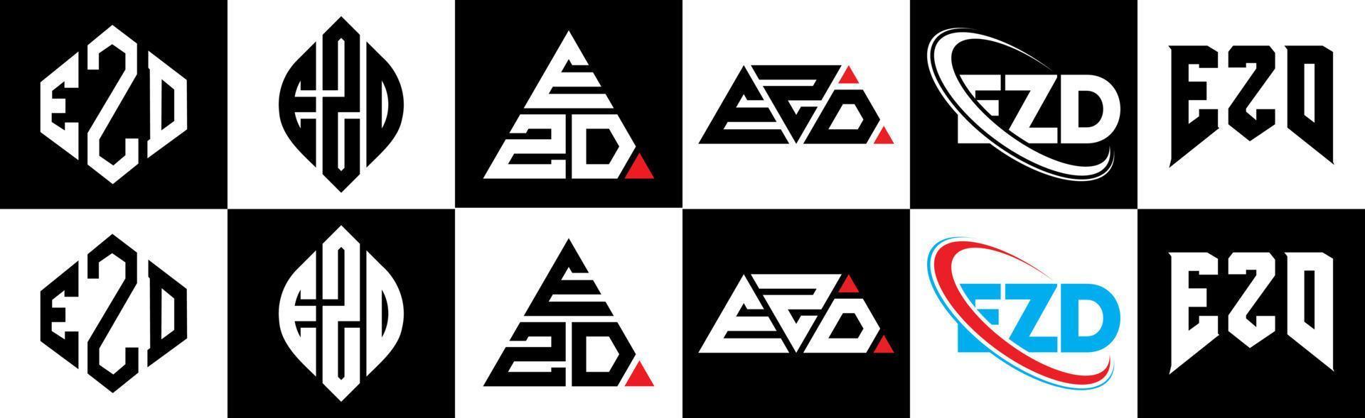 ezd-Buchstaben-Logo-Design in sechs Stilen. ezd-polygon, kreis, dreieck, sechseck, flacher und einfacher stil mit schwarz-weißem buchstabenlogo in einer zeichenfläche. ezd minimalistisches und klassisches logo vektor